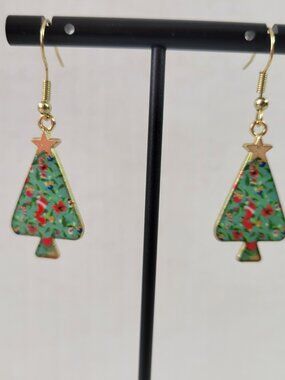 Christmas Tree Dangle Drop Earrings Women Jewelry Gold Tone Holiday Gift E80E